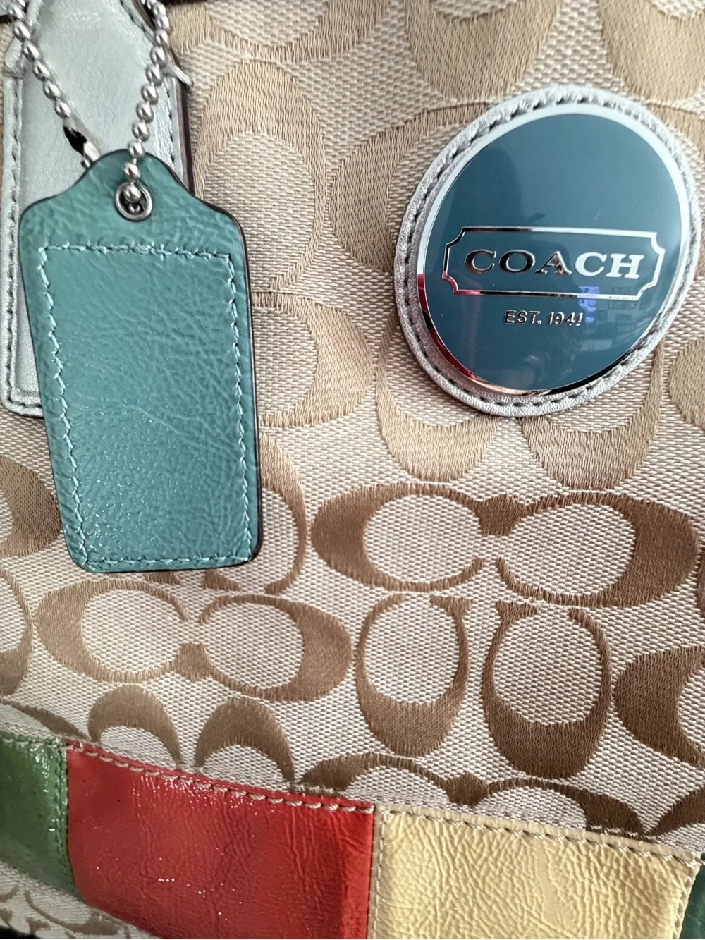Coach Signature Patchwork Stripe Shoulder  Bag Beige Kisslock Canvas Multi